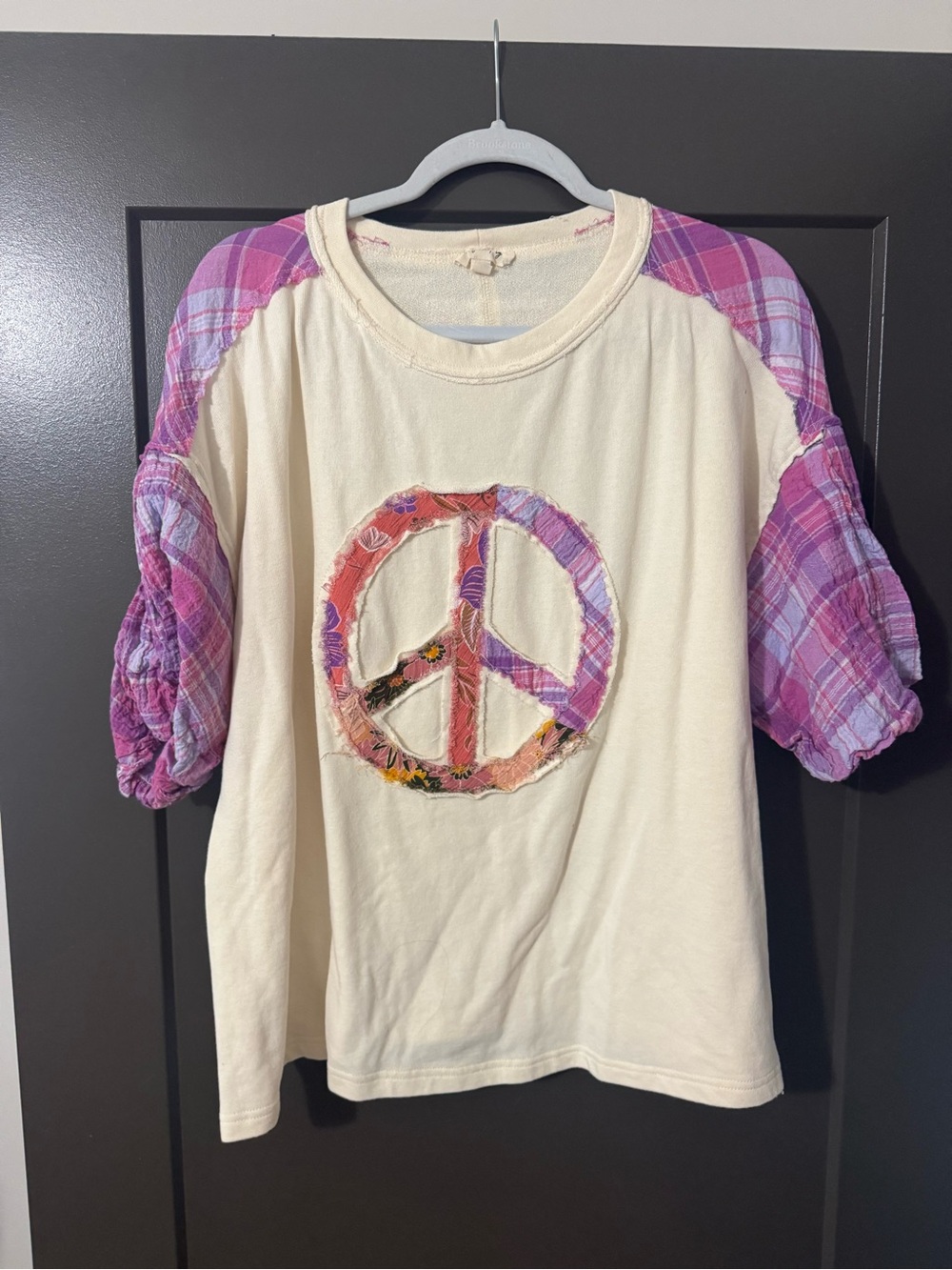 Cream Raglan Sleeve Tee with Purple Plaid Peace Sign